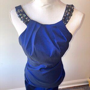 NWT NEW XSCAPE by Joanna Chen Blue Beaded Ruched Cocktail Halter Dress - size 12